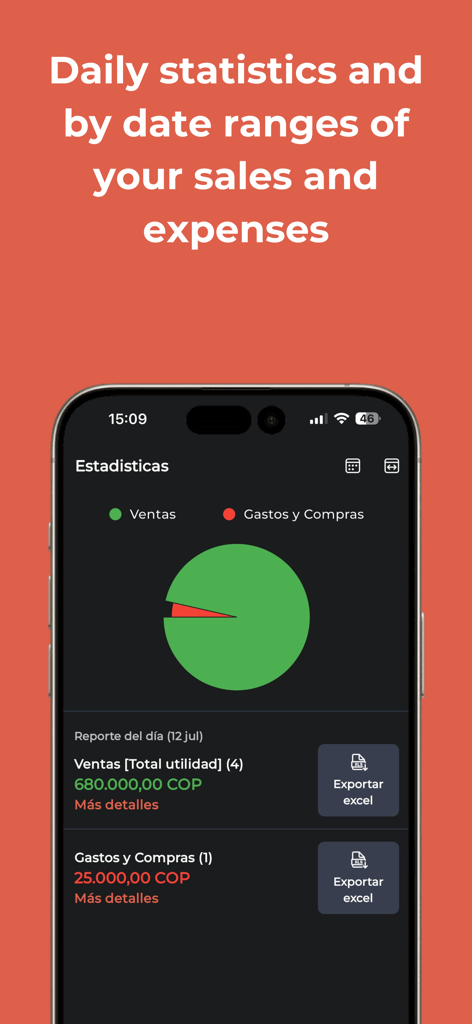 My Business Control - Écran d'application mobile affichant les statistiques quotidiennes de l'entreprise avec un graphique circulaire comparant les ventes et les dépenses, et des boutons pour exporter les données vers Excel.
