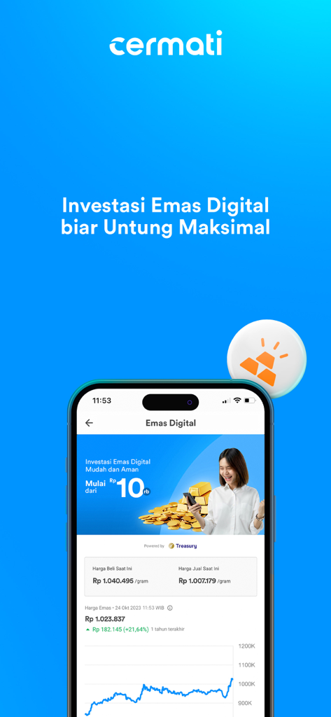 Cermati - Cek SLIK & Asuransi - Cermati mobile app screen for digital gold investment and price tracking