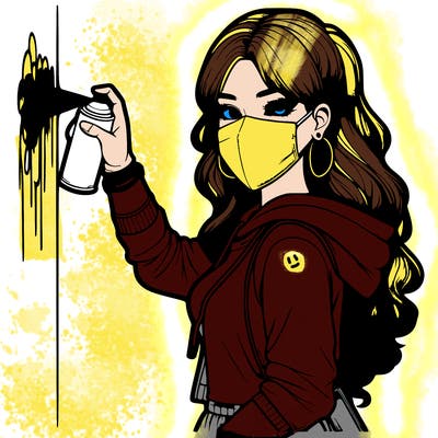 realistic girl with mask spray painting a wall