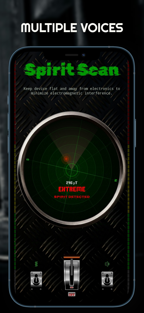 A mobile app interface showing a green ghost radar and EMF meter with a Spirit Detected alert and extreme activity reading.