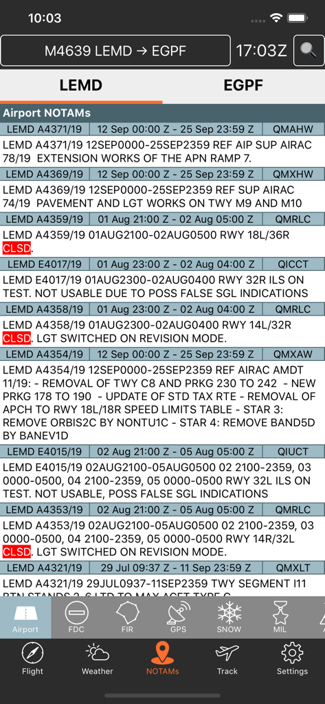 ARINCDirect Mini app screen showing a list of airport NOTAMs for flight planning