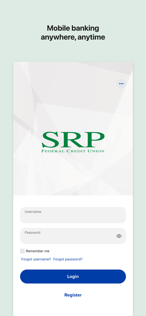 SRP Federal Credit Union mobile app login screen with username and password fields
