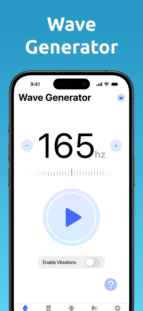 Clear Wave ‒ Water Eject - Interface of the Clear Wave app showing the wave generator feature with frequency control for speaker cleaning