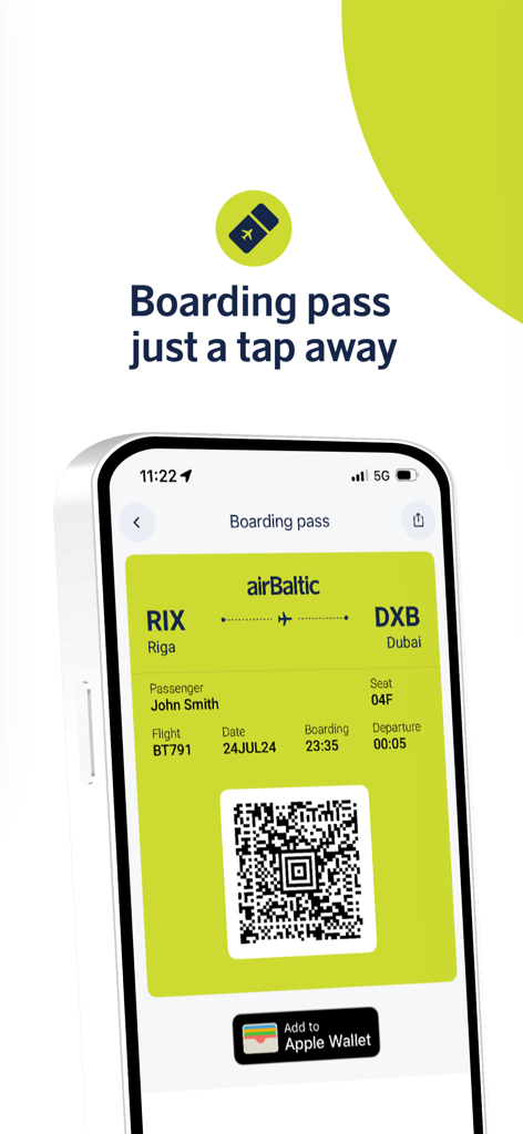 airBaltic - QRコードとApple Walletに追加ボタンが表示されたairBalticアプリのデジタル搭乗券