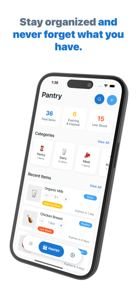 Pantry Inventory - Panzy - Panel de control de la aplicación Panzy que muestra los niveles de stock de la despensa y los alimentos que caducan