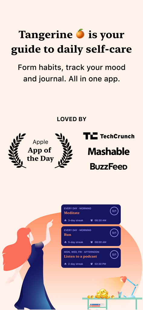 Tangerine self care app overview with habit tracking cards and press recognition logos