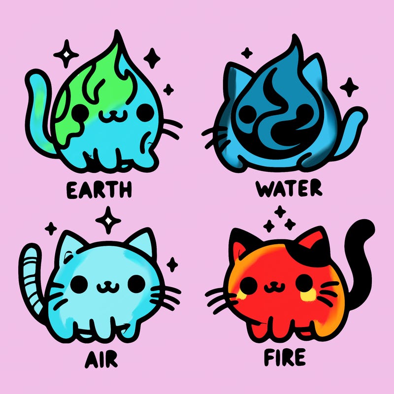 4 cats that represent the different elements, earth, water, air, and fire