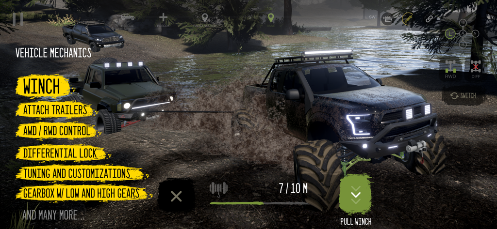 Un camión todoterreno utilizando un cabrestante para tirar de otro vehículo a través de barro profundo en un entorno forestal.