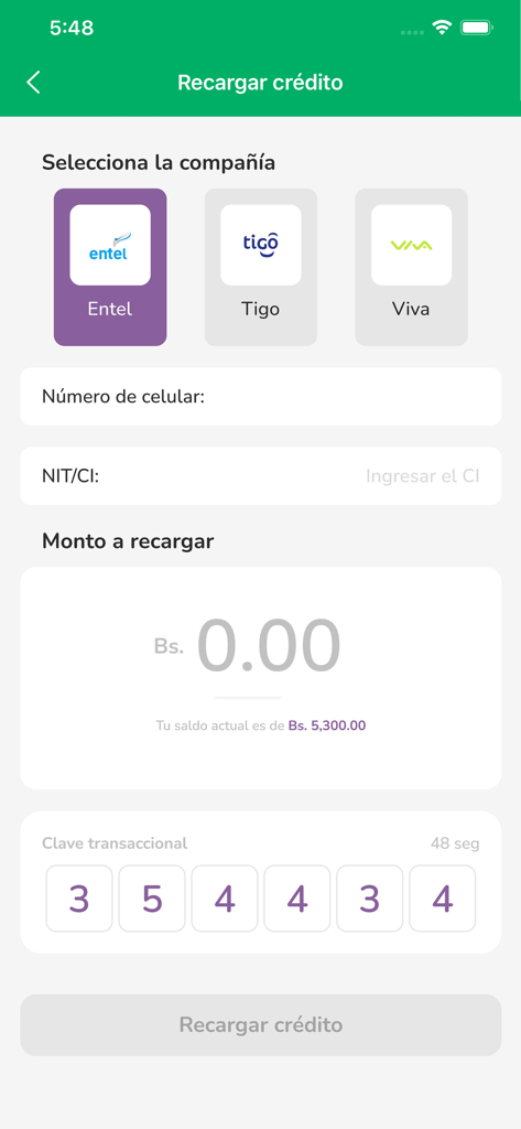 Bille - Bille app interface showing mobile phone credit top up options for Entel Tigo and Viva in Bolivia