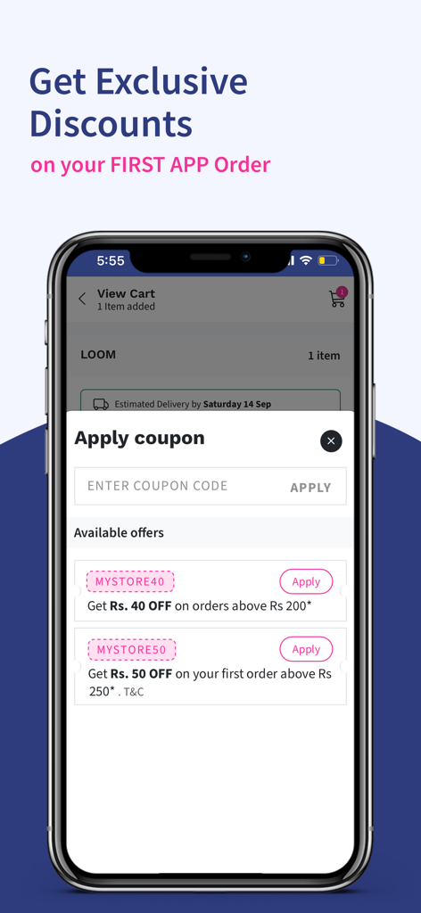 A screenshot of the Mystore shopping app displaying exclusive first order discounts and a coupon application screen.