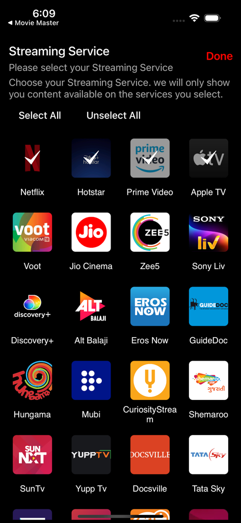 Movies Box: Movies & TV Show - Netflix 및 Prime Video와 같은 스트리밍 서비스 선택을 필터링하는 Movies Box 앱 인터페이스.