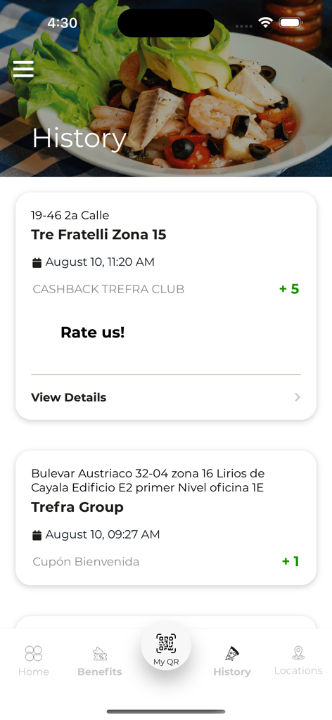 TrefraClub - TrefraClub app interface showing transaction history with earned cashback and welcome bonuses from restaurant visits.