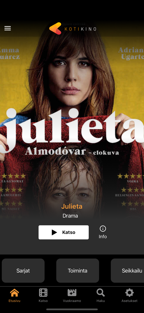 Kotikino - Kotikino mobile app interface showing the film Julieta with Finnish navigation menus and category buttons