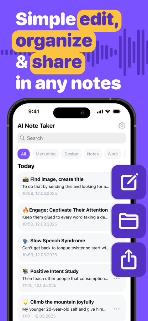 Interfaz de aplicación móvil que muestra una lista de notas de IA organizadas con iconos de editar y compartir.