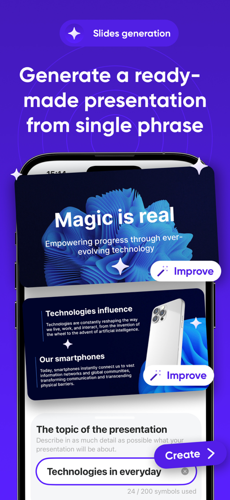 Slidey app showing AI presentation generation from a single phrase on a mobile device