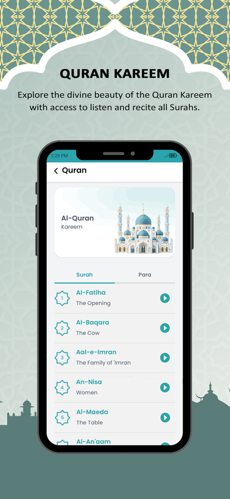 Islamuna: Prayer, Ramadan, Dua - Mobile screen of Islamuna app showing the Quran Kareem Surah list for listening and recitation.