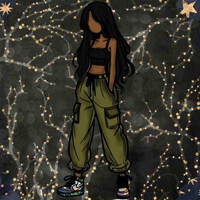 girl in baggy pants crop top and long hair