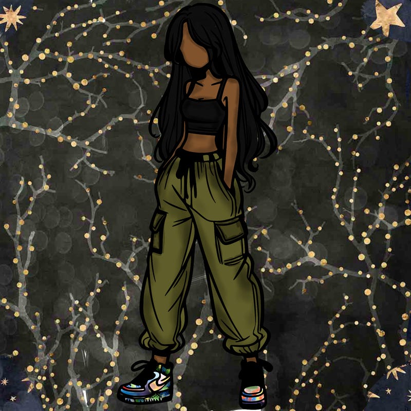 girl in baggy pants crop top and long hair