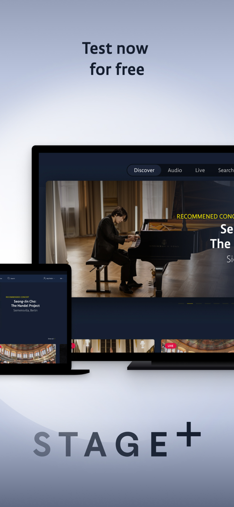 STAGE plus Klassikmusik-Streaming-App-Interface auf einem Fernseher und einem Smartphone