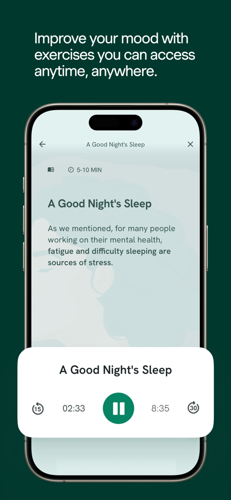 Spring Health Mobile - Spring Healthモバイルアプリ。より良い睡眠のためのガイド付きオーディオエクササイズが表示されている。