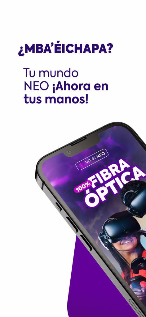 Mi Neo - A smartphone displaying the Mi Neo app welcome screen with fiber optic internet branding and the text Mba'eichapa.