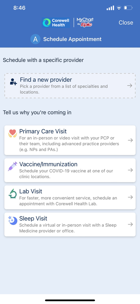 Interface do aplicativo Corewell Health para agendar consultas médicas, incluindo cuidados primários e vacinas