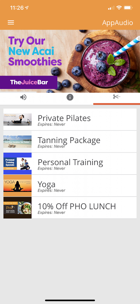 AppAudio - Tela do aplicativo móvel AppAudio mostrando promoções locais para yoga, pilates e restaurantes