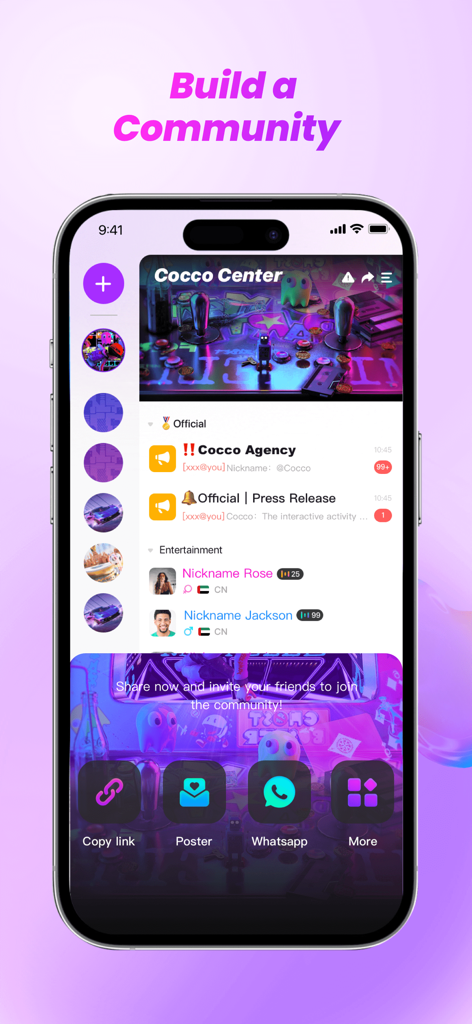 Cocco - Community & Group Chat - Interface of the Cocco app showing the community building screen and sharing options