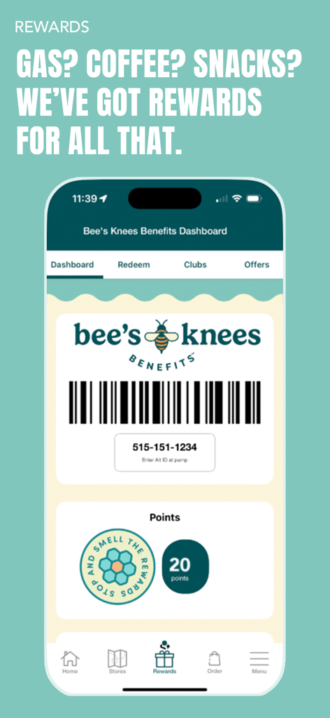 Bee's Knees Benefits - Panel de la aplicación Bees Knees Benefits mostrando puntos de fidelidad y un código de barras de recompensas para combustible y bocadillos
