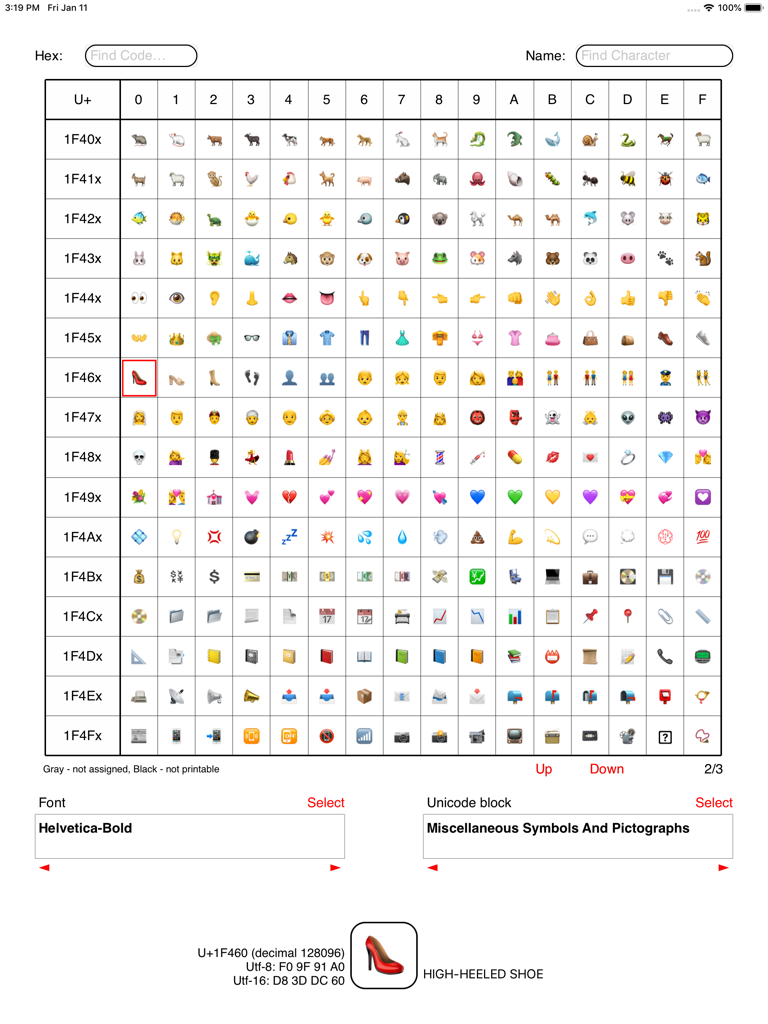 iPad interface of Unicode Font Viewer displaying a grid of emoji symbols and technical character data for a selected high-heeled shoe icon