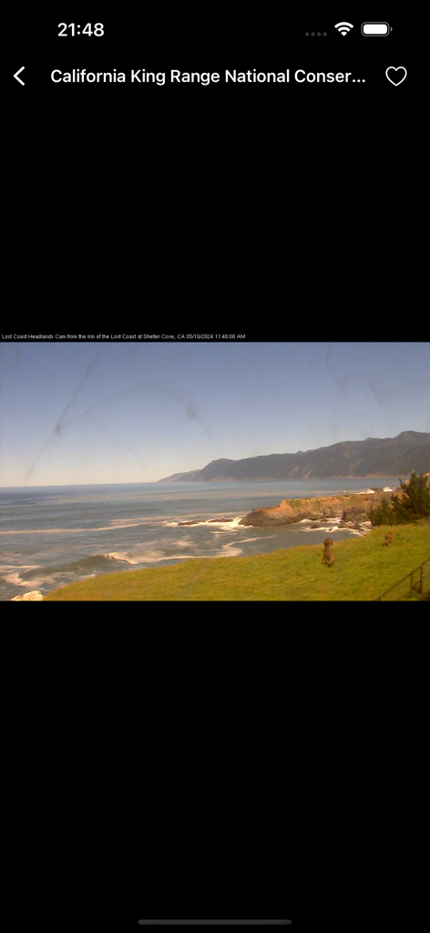 Live webcam view of the California King Range coastline with mountains and ocean