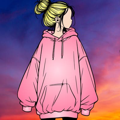 realistic girl with a oversized sweatshirt on and a bun
