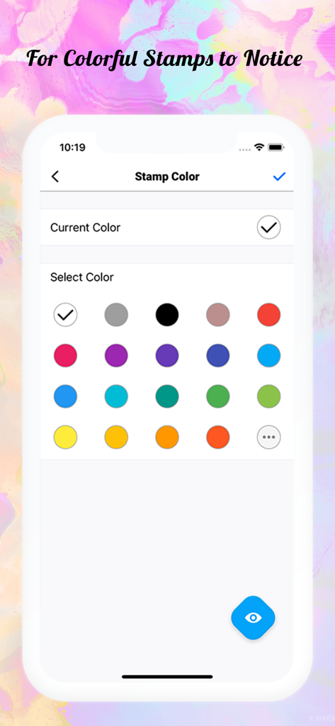 Interface of the Moment Stamp app showing a selection of colors for customizing photo date and time stamps