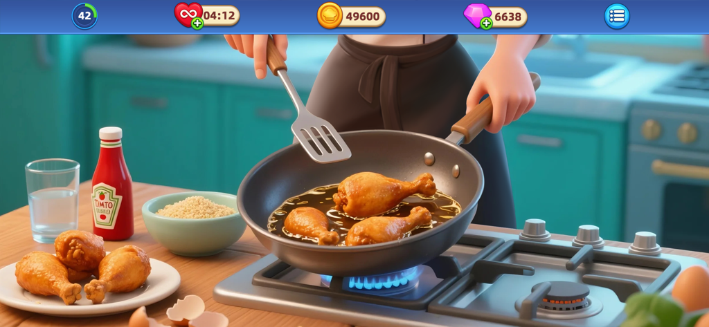 A chef frying chicken drumsticks in a pan within a colorful kitchen setting