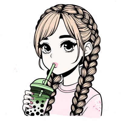realistic girl with braided hair drinking boba