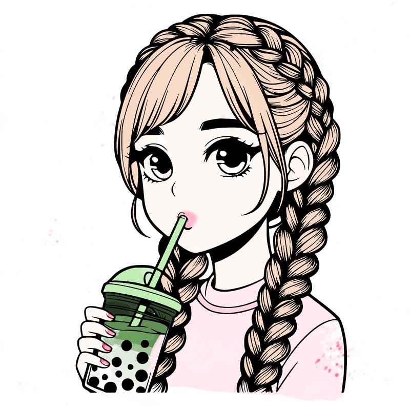 realistic girl with braided hair drinking boba