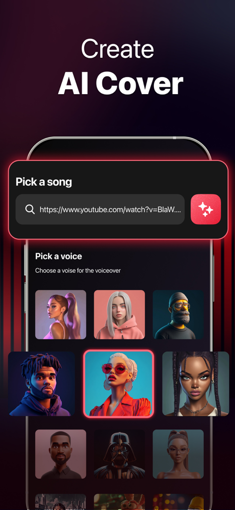 Benutzeroberfläche der App KI-Songgenerator zum Erstellen eines KI-Covers durch Auswahl eines Songs und einer Stimme.