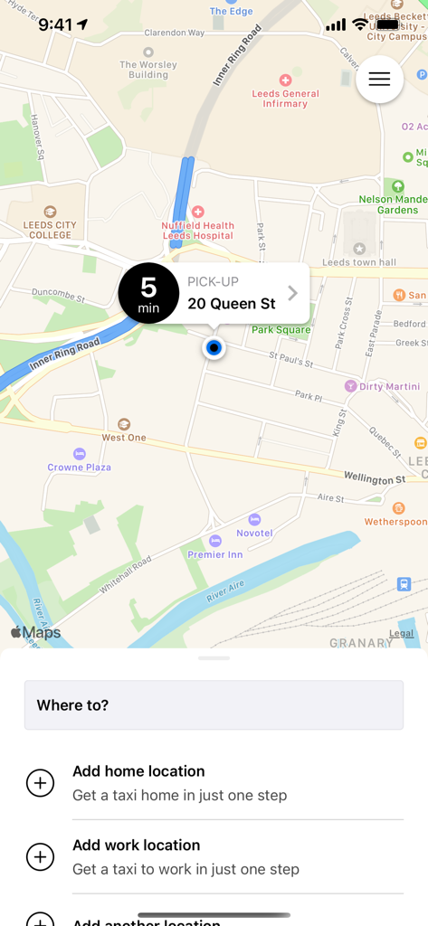Roadrunners Leeds - Roadrunners Leeds taxi app interface showing a map of Leeds with a pick up point at Queen Street and a destination search bar.