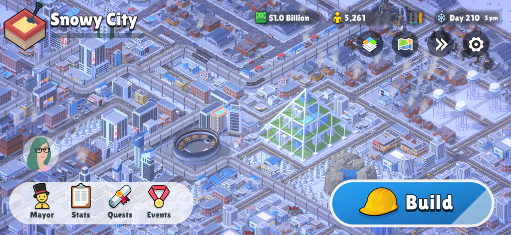 Pocket City 2 - Gameplay screenshot of Pocket City 2 showing a 3D isometric snowy city with a large pyramid structure and urban layout.