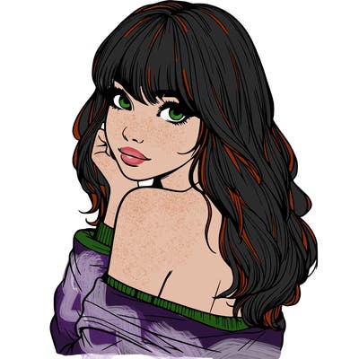 realistic girl with bangs looking over her shoulder