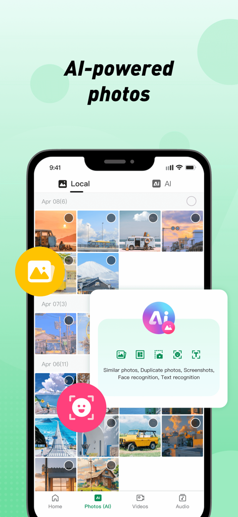 Xender app on iPhone showcasing AI-powered photo organization features including duplicate detection and face recognition.