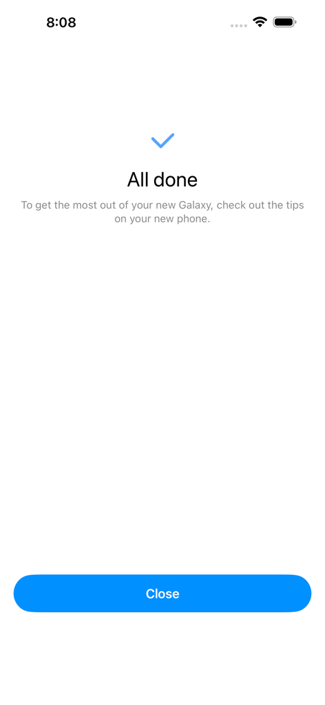 Samsung Smart Switch app completion screen showing the All done message and a checkmark after data transfer
