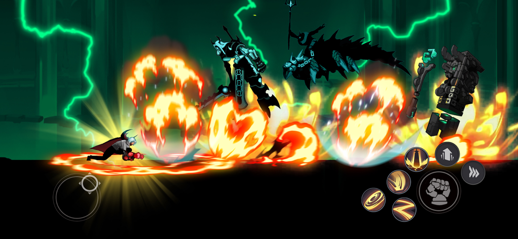 Stickman ninja hero fighting dark enemies with powerful fire explosions