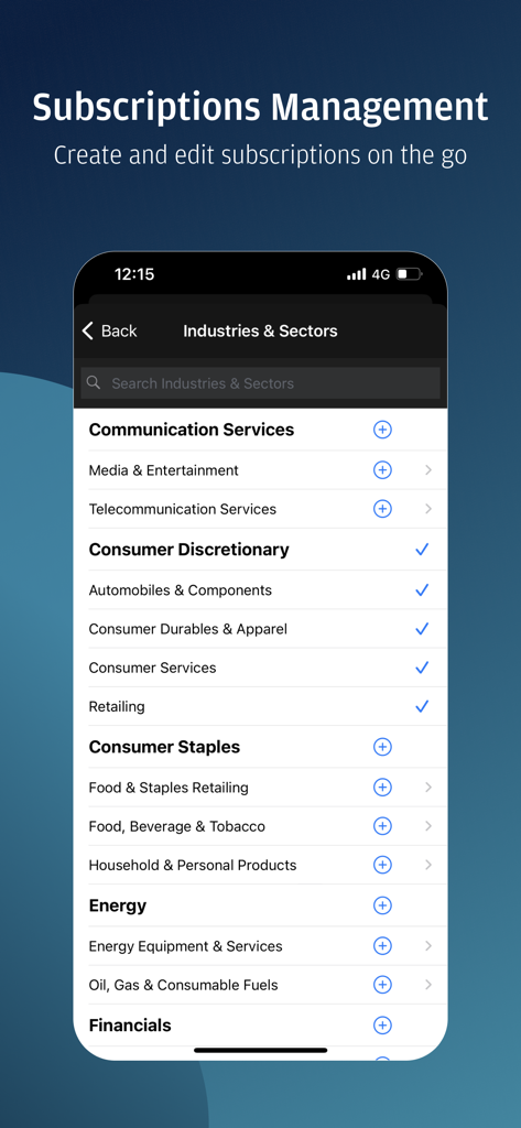Subscription management for industries and sectors in the J.P. Morgan Markets app