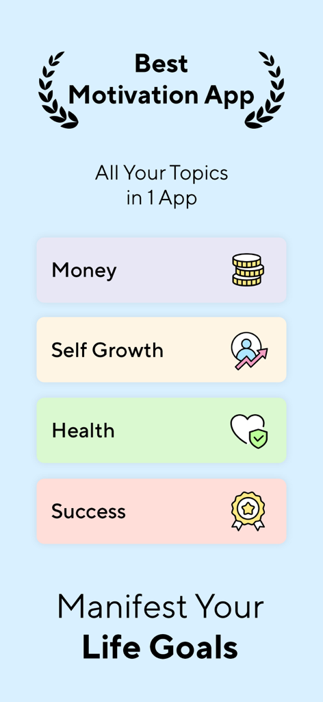 Subliminal: Manifest Goals - Tela do aplicativo Subliminal exibindo categorias de manifestação para dinheiro, autodesenvolvimento, saúde e sucesso