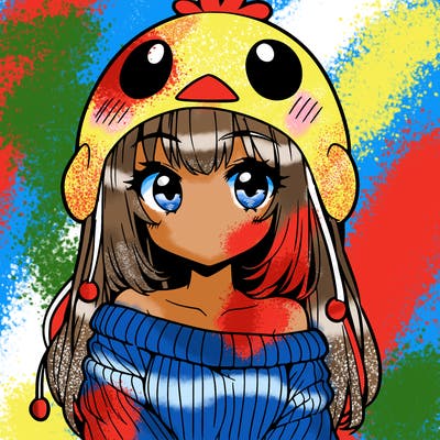 anime girl with chick shaped hat with sweater with bare shoulders with bangs covering them one eye with low tail