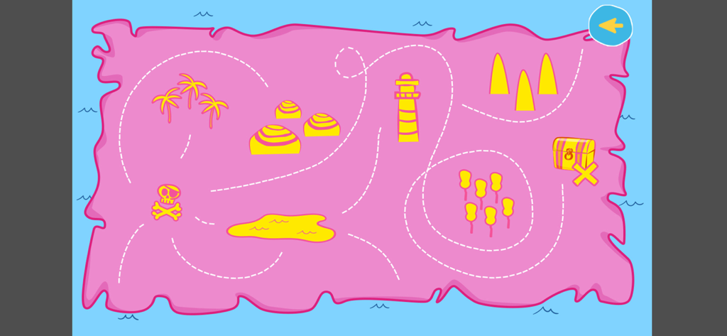 Minijuego de mapa del tesoro pirata rosa en la aplicación Cleo y Cuquin