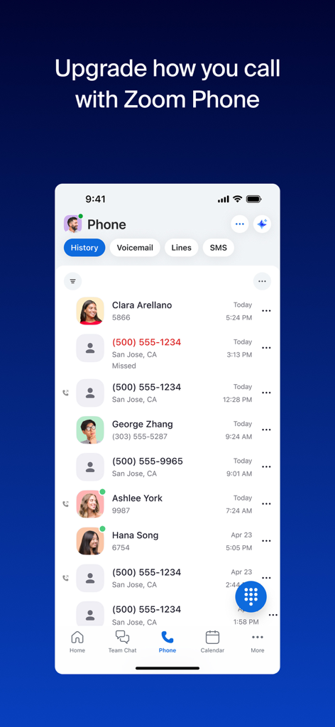 통화 기록 및 전화 기능을 보여주는 Zoom Workplace 모바일 앱 화면
