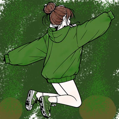 realistic girl jumping with a bun and oversized sweatshirt