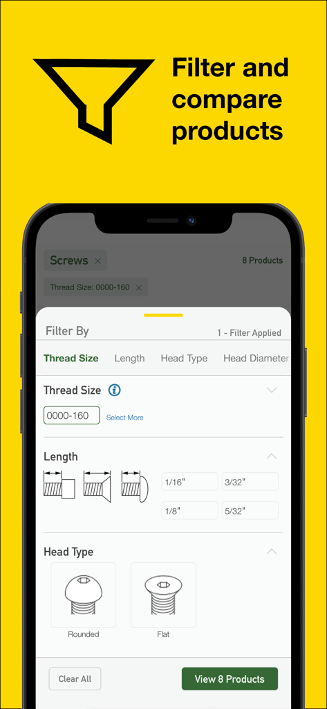 McMaster-Carr - Un'interfaccia mobile per filtrare e confrontare prodotti industriali come viti in base a specifiche tecniche.